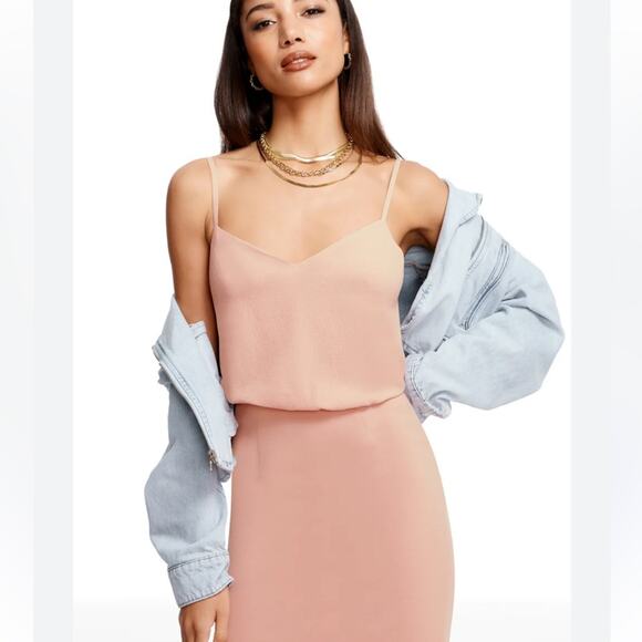 DRESS THE POPULATION Alondra Blouson Sheath Dress Blush Pink Mauve Strappy Girly - Picture 1 of 9